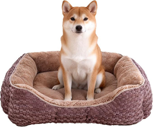 Plush Dog Bed Large, Brown, Machine Washable, Dog Beds Sofa with Pillow Support, 30x24Inch, Corn Kernel Design, Non-Slip Bottom, Thick PP Cotton Padding