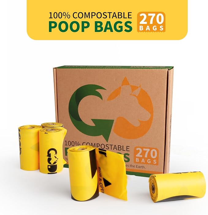 Certified 100% Home Compostable Poop Bags for Dogs, 270 Count Guaranteed Leak Proof and 18 Microns Extra Thick Waste Bag, 18 Rolls of Plant Based Doggie Poop Bag, No Scented with ASTM D6400 & EN13432