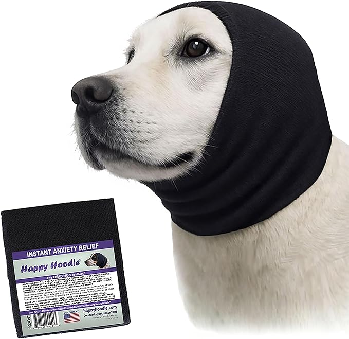Happy Hoodie The Original Dog & Cat Calming Band - American Brand - Anxiety Relief/Noise Protection - Grooming - Thunder - Fireworks (Large, Black) - Since 2008