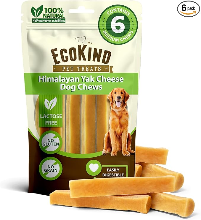 EcoKind Yak Cheese Himalayan Dog Chews, Yak Chews for Medium Dogs, Long Lasting Bone for Aggressive Chewers, 3 Ingredients, Natural High Protein Dog Treat, No Additives, Lactose Free, Medium - 6 Chews