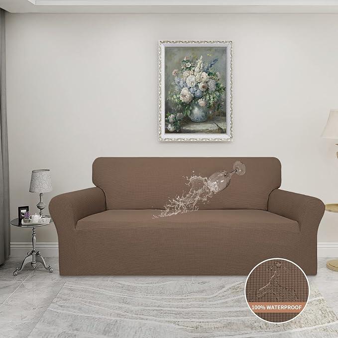 Easy-Going 100% Waterproof Couch Cover, Dual Waterproof Sofa Cover, Stretch Jacquard Sofa Slipcover, Leakproof Furniture Protector for Kids, Pets, Dog and Cat (Sofa, Brown)