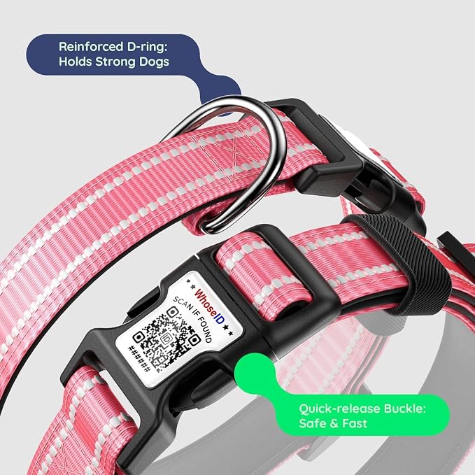 Airtag Dog Collar, Reflective Ultra-Durable Nylon Padded with QR Buckle & IP68 Waterproof Air Tag Holder Compatible for Apple AirTag, Comfortable for Small Medium Large Dogs (Hot Pink,XL)