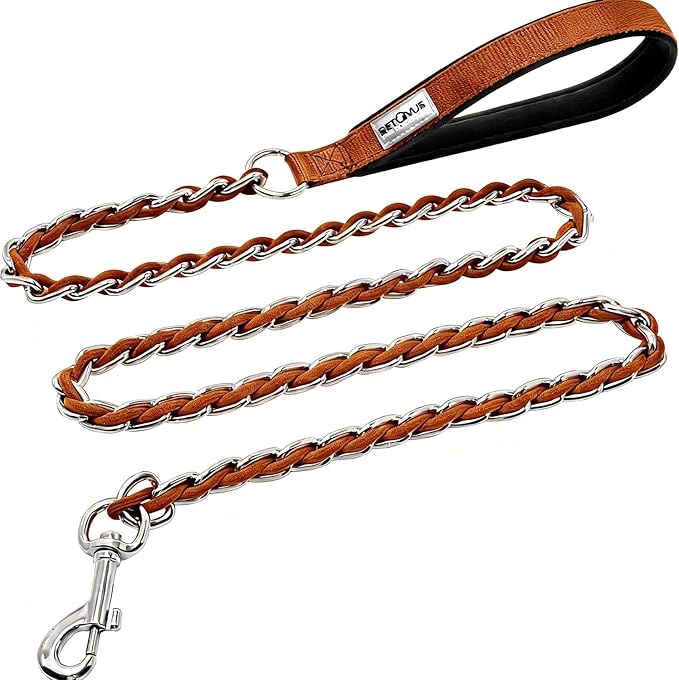Chain Dog Leash Chew Proof Metal Leash for Medium Large Dogs, Chain Link Dog Anti Chew 5.2FT / 4FT Strong Anti Bite Comfortable Soft Padded Handle (Brown, 5.2(Small & Medium Dogs))