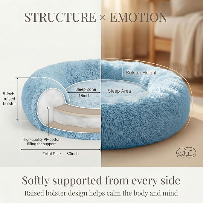 Calming Donut Dogs Beds for Small Dogs Washable,28inch Plush Round Pet Bed for Cozy Sleep,Fluffy Faux Fur Large Cat Bed,Fits up to 30 lbs Pets,Washed Blue