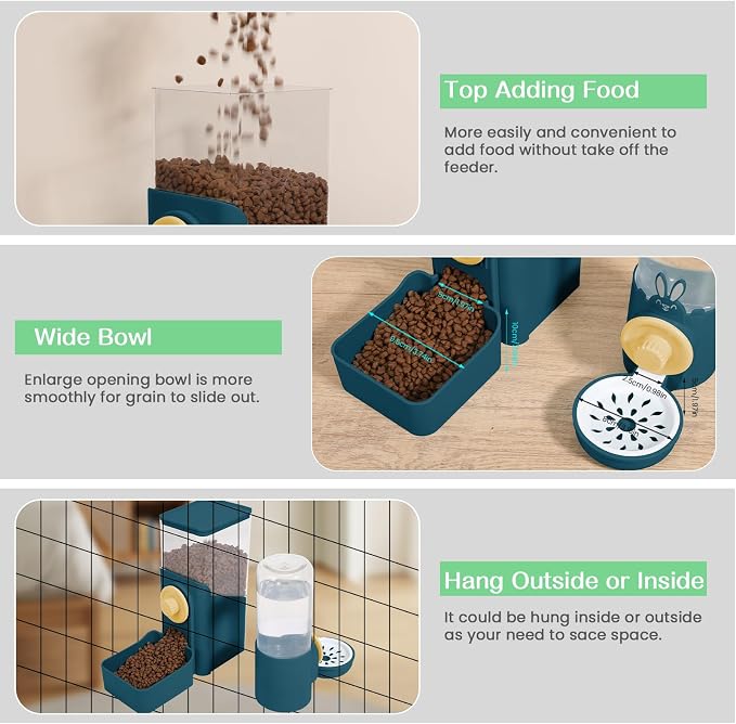 Hanging Automatic Pet Food and Water Dispenser, Auto Gravity Rabbit Ferret Bunny Hedgehog Feeder Water Dispenser Sets, Cat Dog Food and Water Dispenser Food Bowl for Cage Hanging (Dark Blue)