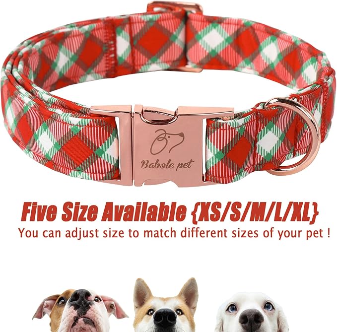 Christmas Dog Collar for Small Dogs - Christmas Red Green Plaid Dog Collars, Adjustable Heavy Duty Pet Winter Holiday Collar with Metal Buckle S