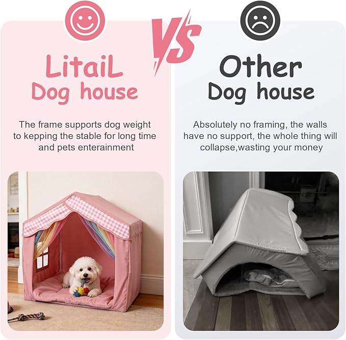 Cute Indoor Dog House for Small Dogs, LitaiL Princess Dog House Indoor Outdoor, Pink DogTent Bed, Small Dog Tent with Soft Cushion for Small Medium Pets