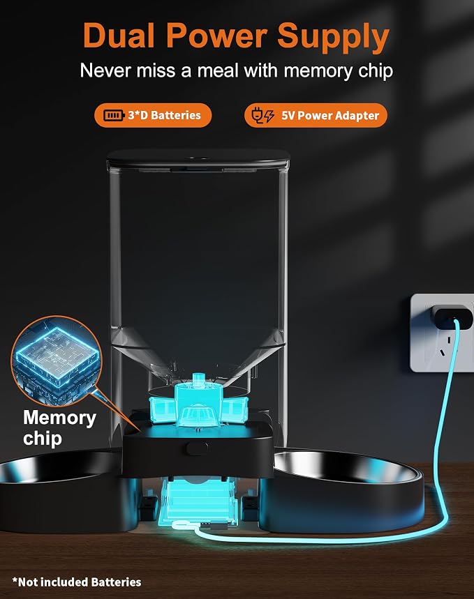 HoneyGuaridan 5L Automatic Cat Feeder for Two Cats, 2.4/5G WiFi Smart Feed Pet Feeder with Stainless Steel Bowl,APP Control Dispenser, Dual Power Supply,Desiccant Bag,10s Meal Call Black