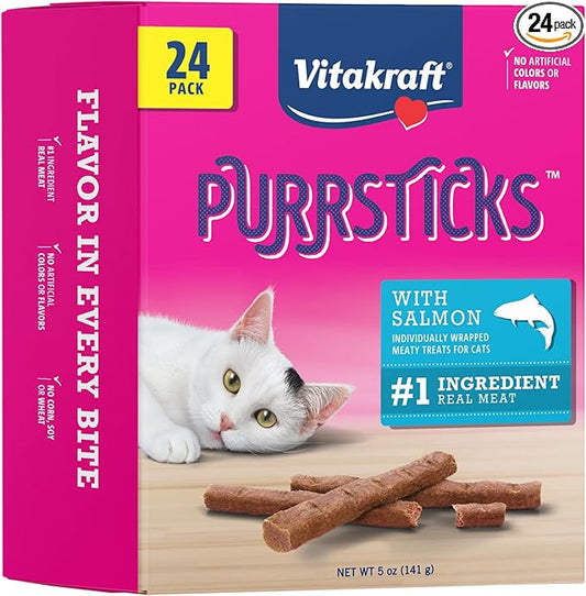 Vitakraft PurrSticks for Cats - Nutritious & Healthy Soft Cat Treats - Gently Oven Roasted Meat Sticks for Cats w/ 70% Meat - Easy-to-Serve Cat Chew Sticks (Salmon, 24 Pack)