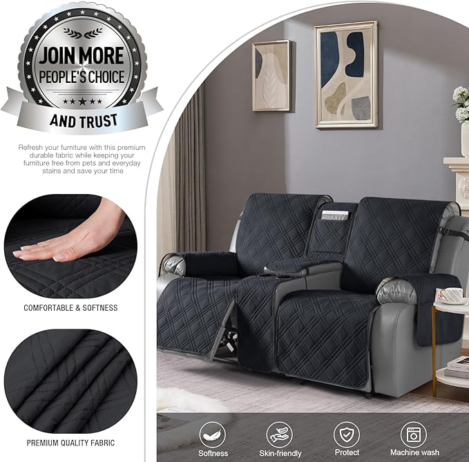 TAOCOCO Waterproof Loveseat Recliner Cover with Console, Non-Slip Reclining Loveseat with Console Cover with Pocket, Split Recliner Sofa Covers Furniture Protector for Pets Dogs(2 Seater, Black)