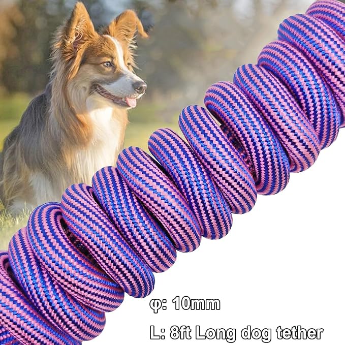 BTINESFUL 8ft 12ft 20ft 30ft 50ft 75ft Dog Tie Out Long Rope Leash, Outdoor Tether Leash for Yard, Large Medium Dogs Training, Playing, Camping, Backyard Dog Lead (Pink Blue, 8 Foot)