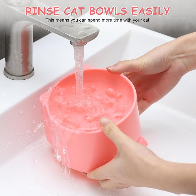 2 Pcs Raised Slow Feeder Cat Bowl, Plastic Elevated Cat Slow Feeder Bowl with Anti-Skid Mat, Raised Slow Cat Feeder for Dry and Wet Food (Green＆Pink)