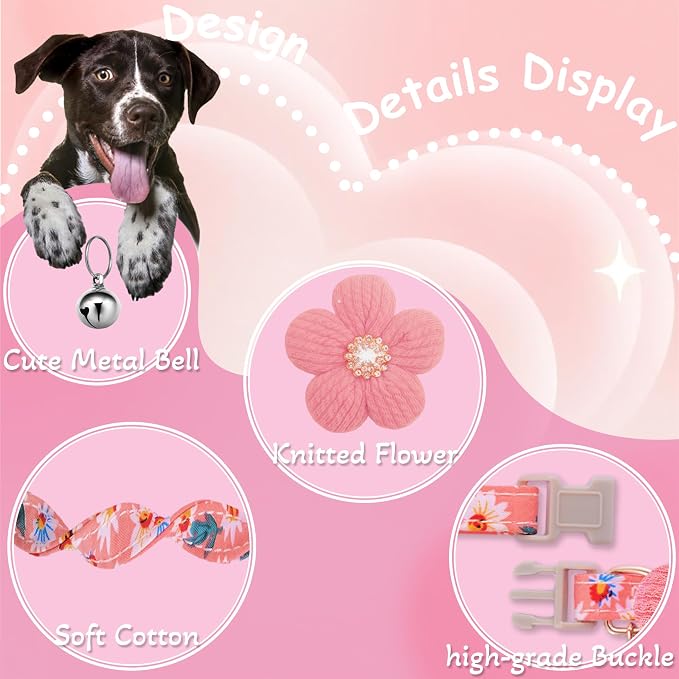 Small Dog Collar with Flower, Spring Dog Collar for Girl Dog Collars for Small Dogs Cute Dog Collar with Bell, Adjustable Length