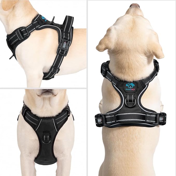 PHOEPET Reflective Dog Harness No Pull Large Breed Vest with 2 Metal Leash Attachment Hooks(XL, Black)
