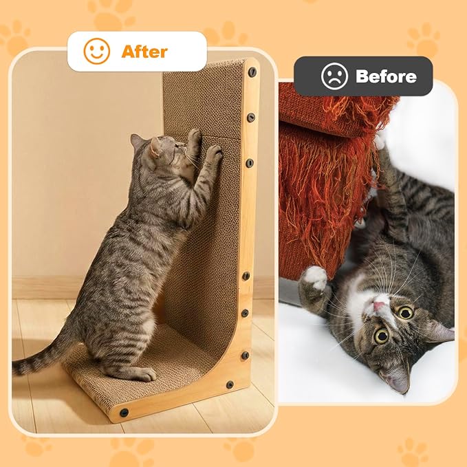 Goosheep 22in L-Shaped Cat Scratcher 2-in1 Scratching Board for Indoor Cats Protecting Furniture Cardboard Box Scratch Pad, Scratching Posts with Feathered Toy
