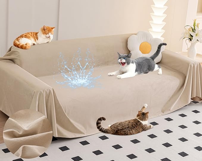 Loiion Cat Scratch Furniture Protector - Ultra Soft, Waterproof Sofa Cover to Keep Cats Off, Pet-Friendly Couch Protectors for Love Seat, Anti-Slip Couch Cover for Pets and Kids 118"X91" Almond