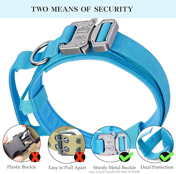Tactical Dog Collar Adjustable Military Nylon Dog Collar with Control Handle and Heavy Duty Metal Buckle for Medium and Large Dogs (Blue,XXL)