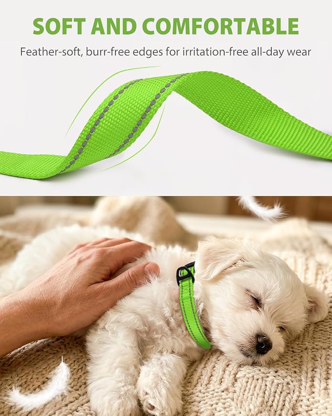 Joytale Dog Collars for Small Dogs, Feather-Light Double-Sided Reflective Nylon Collar for Night Safety, Adjustable Quick-Release for Growing Puppies, Green, S (5/8" Width)