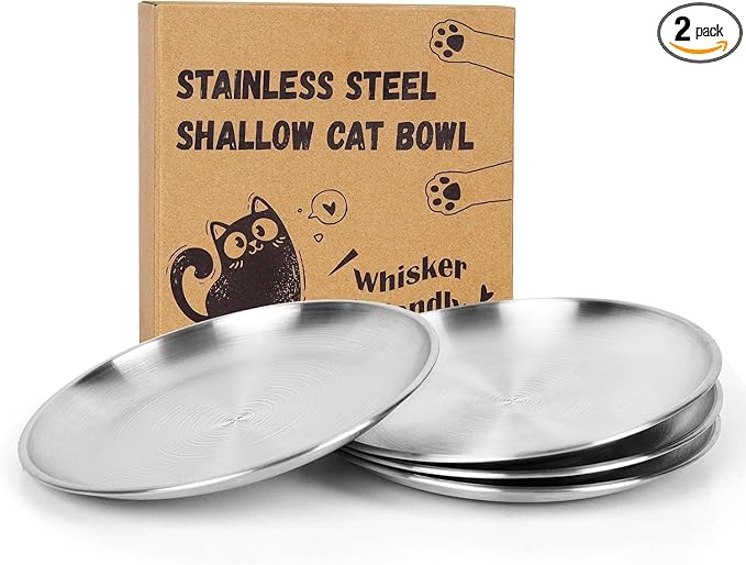2-Pack Stainless Steel Cat Food Bowls, Shallow Whisker-Friendly Non-Slip Silicone Base Metal Dishes, Easy to Clean Indoor Feeding Flat Plates for Cat, Kitten, Small Dog (6.7")