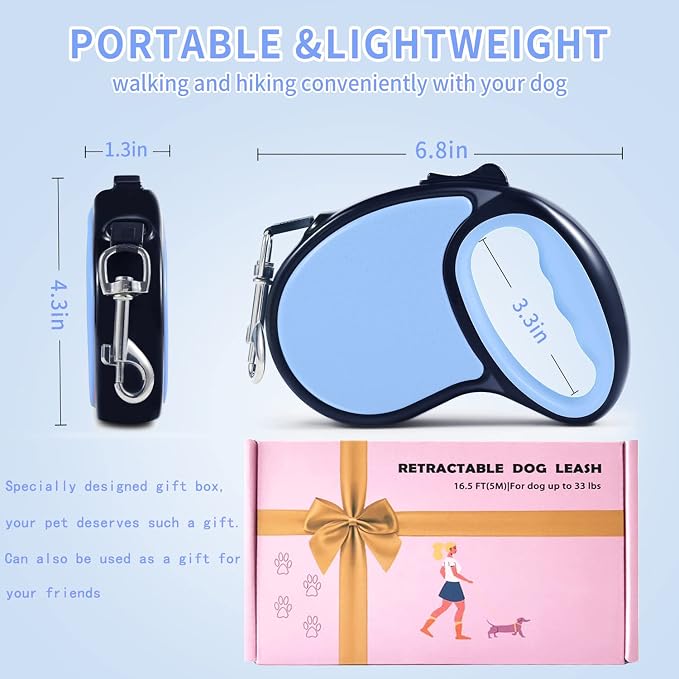 Retractable Dog Leash,[Strong Nylon Tape][One-Handed One Button Lock] for Small Medium Dogs and Cats,16ft Pet Walking Leash with 360°Tangle-Free Design,Anti-Slip Handle,Gift Package (Light Blue)