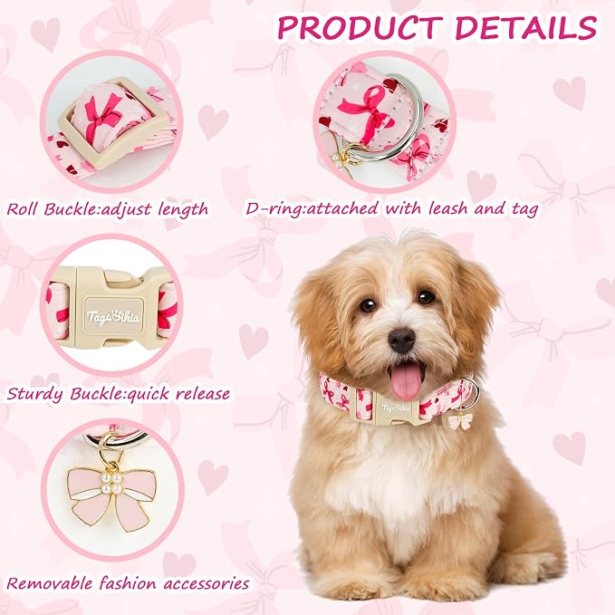 Girl Dog Collars for Small Dogs, Summer Dog Collar with Pink Bow with Metal Buckle Pet Collar for Girl Dogs for Female Dog Adjustable Soft Pink Girl Dog Collar for Puppy Small Dogs-S