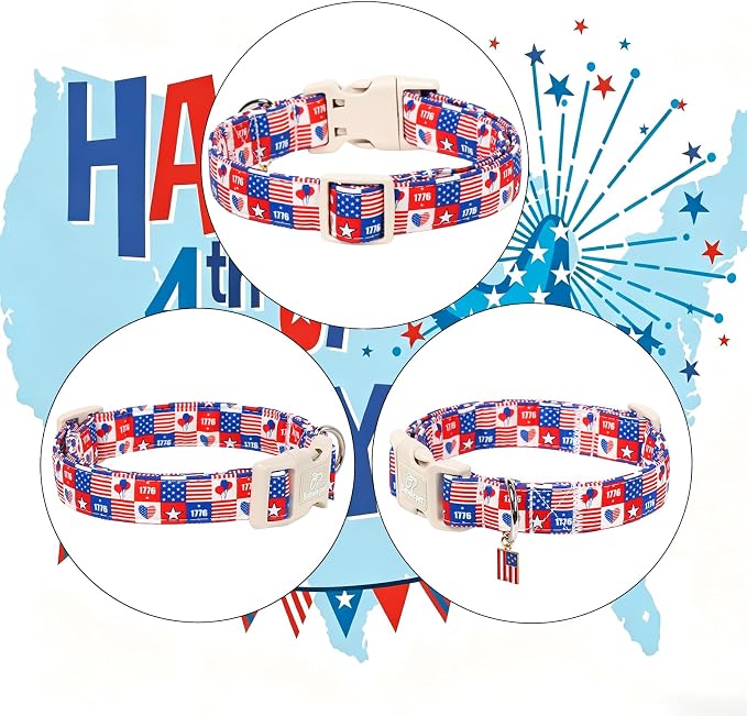 4th of July Dog Collar Blue Patriotic Dog Collars for Large Dogs - Lightweight Adjustable 1776 Boy Girl Puppy Collars Cute Independence Day Male Female Dogs Collar L