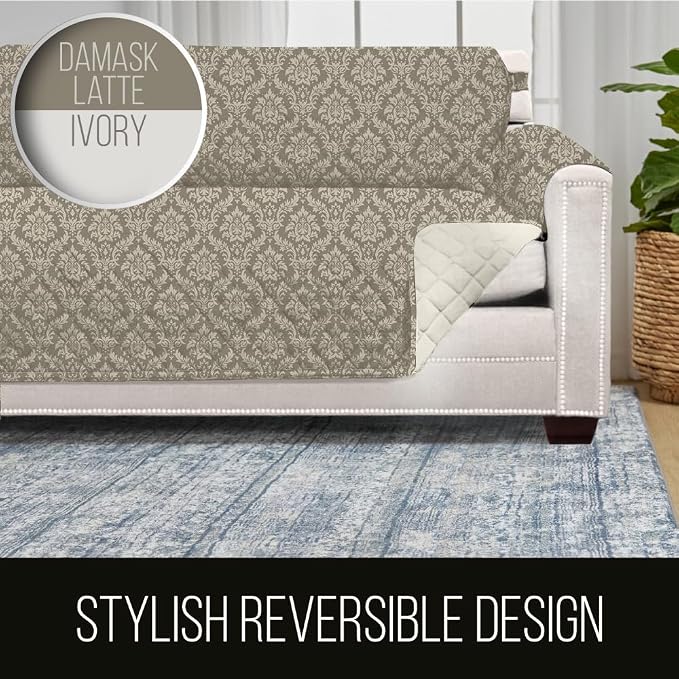Sofa Shield® Couch Slip Covers for Dogs, Reversible Furniture Protector with Strap, Stain and Tear Resistant Cushion Cover, 78 inch Seat, Machine Washable Slipcover Pets, Cats, Damask Latte Ivory