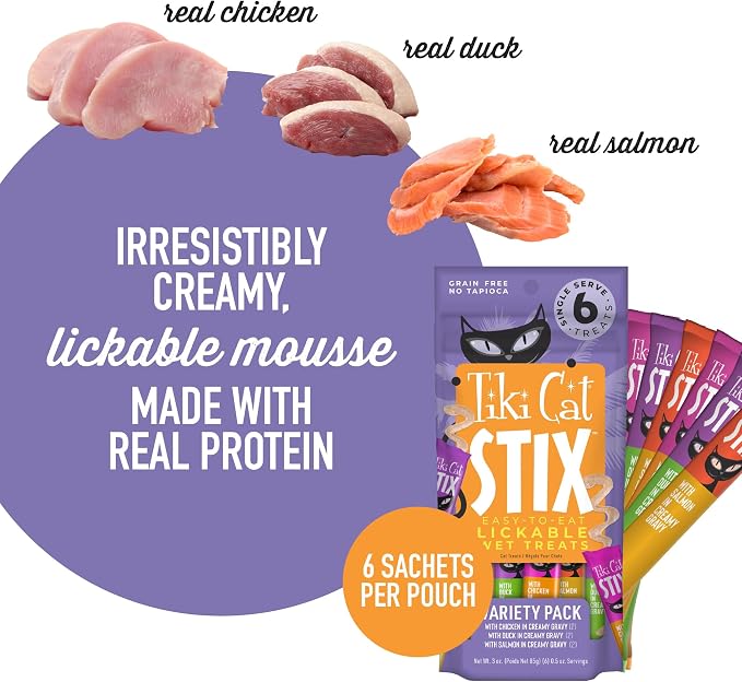 Tiki Cat Stix Mousse Treats, Single Serve Indulgent Lickable Treat or Dry Food Topper, Variety Pack with Salmon, Chicken, and Tuna, 3 oz. Pouch