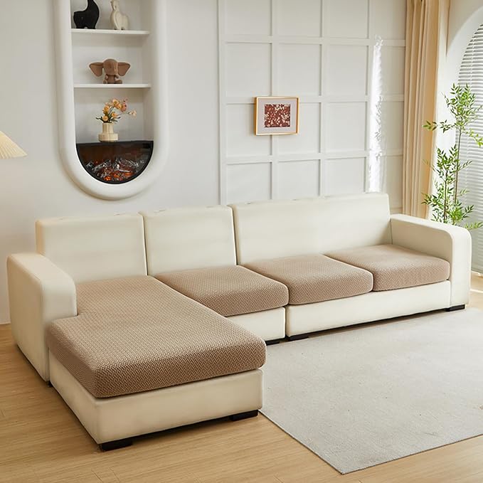 Yoovat Couch Cushion Covers for Sofa Couch Covers Wear-Resistant Universal Sofa Cover Washable Stretch for Sectional Slipcovers (Texture-Light Coffee, 3 Seats + Chaise Cover)