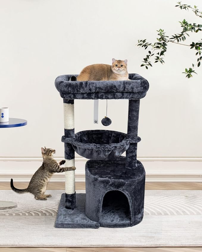 SYANDLVY Small Cat Tree for Indoor Cats, Cat Tower with Scratching Post, Modern Cat House with Padded Perch, Kittens Condo with Cradle, Smoky