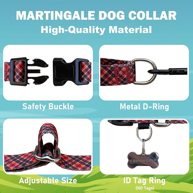 Christmas Martingale Collar for Dogs Plaid Dog Collars for Small Medium Large Dogs with Buckle Adjustable Soft Nylon Dog Collar (Red Plaid, Large)