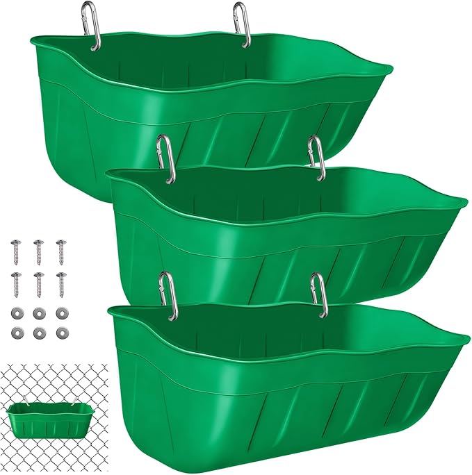 Chicken Feeder Waterer,Hanging Goat Feeders,Feed Trough 3.5 Quart 3 Pack,Hanging Fence Feed Trough for Poultry Livestock,Green