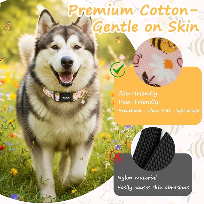 Dog Collar for Spring Summer, Pink Dog Collars with Bee & Flowers, Adjustable Cotton Puppy Dog Collars, Cute Girl or Boy Dog Collar Ideal for Small Medium Large Dogs,Pet Accessory,L
