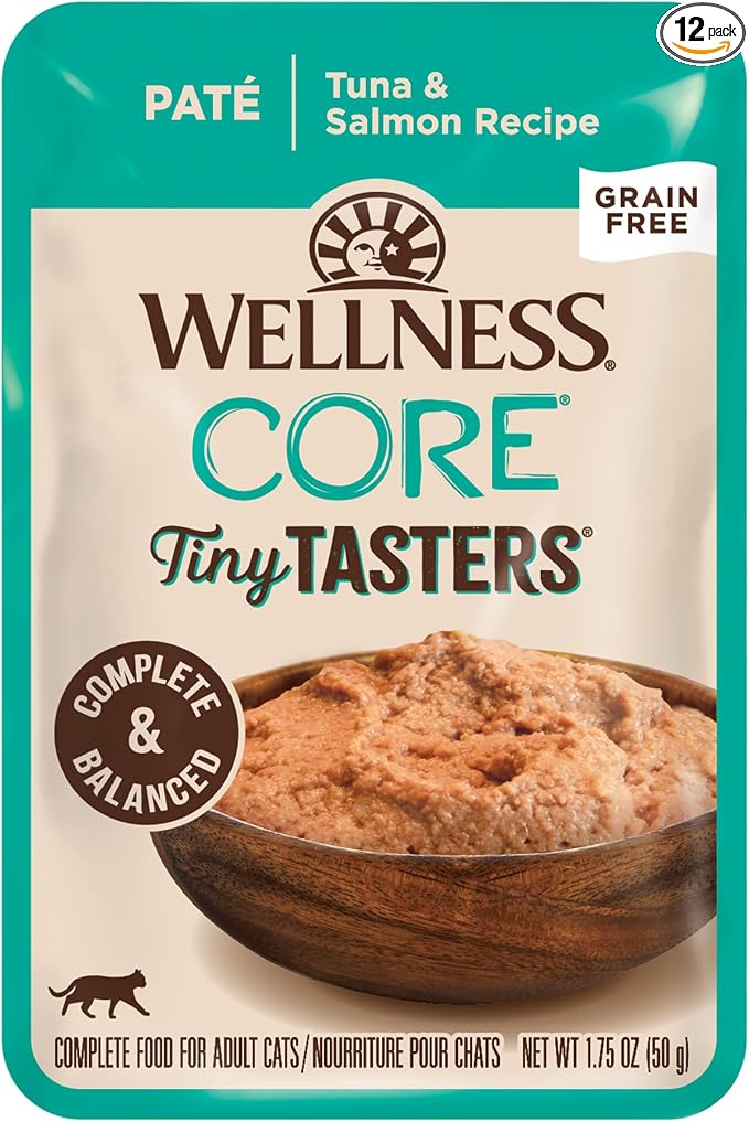 Wellness CORE Tiny Tasters Pate Adult Wet Cat Food, Natural, Protein Rich, Grain Free, Tuna and Salmon Recipe, 1.75 oz, Pack of 12 Pouches