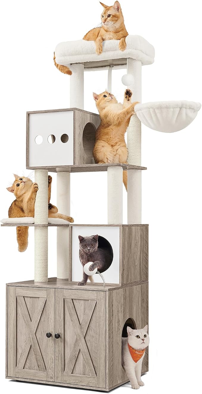 Feandrea Cat Tree with Litter Box Enclosure, 70.1-Inch Tall Cat Tower, 2-in-1 Modern Condo with Scratching Posts, Perch, Caves, Basket, Washable Cushion, Heather Greige UPCT116G01