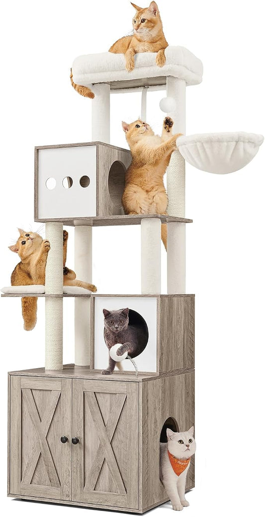 Feandrea Cat Tree with Litter Box Enclosure, 70.1-Inch Tall Cat Tower, 2-in-1 Modern Condo with Scratching Posts, Perch, Caves, Basket, Washable Cushion, Heather Greige UPCT116G01