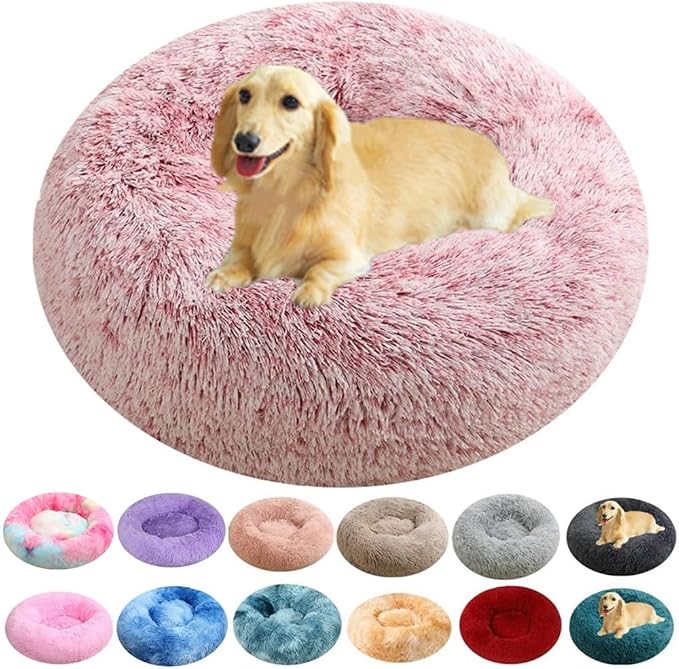 Dog & Cat Bed, 27 Inch Cat Beds for Indoor Cats, Calming Donut Bed for Small Medium Dogs and Cats, Anti-Anxiety Plush Faux Fur Large Cat Beds Washable, Rose White
