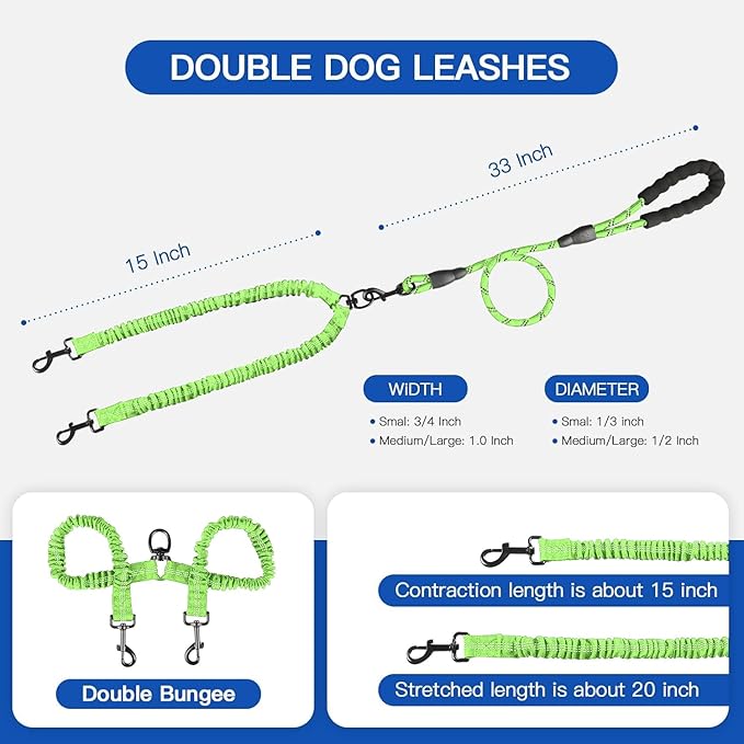 MingXpets Double Dog Leash - 360 Swivel, Tangle-Free Bungee Walking & Training Leash for Large & Medium Dogs, Shock Absorbing, Reflective, 18-120 lbs, Green