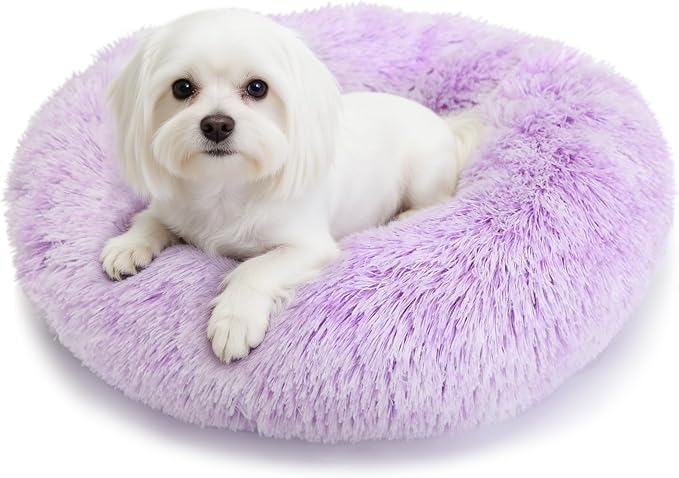 Calming Donut Dogs Beds for Small Dogs Washable,23inch Plush Round Pet Bed for Cozy Sleep,Fluffy Faux Fur Large Cat Bed,Fits up to 25 lbs Pets,Gradient Purple