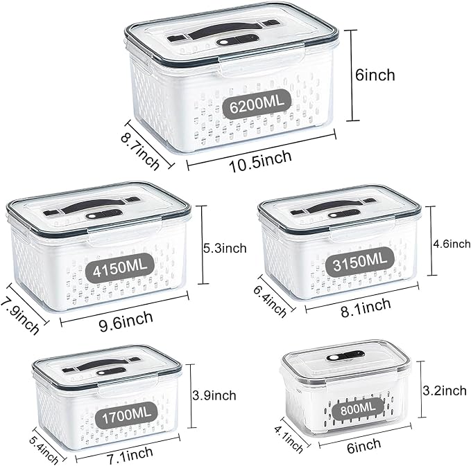 5 Pack Large Fruit Storage Containers for Fridge with vent holes and handle，Airtight Food Storage Containers Keep Fruits, Vegetables, Berry, Meat Fresh longer,BPA-free Fridge Storage Container