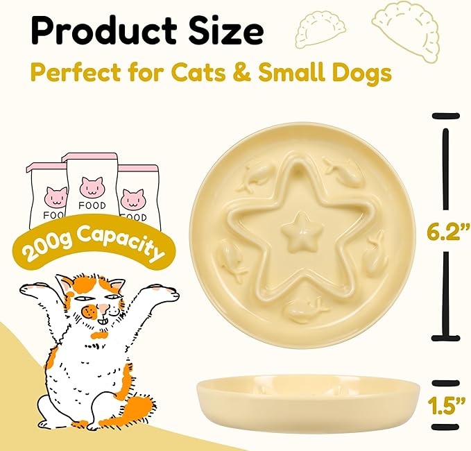 2 Pcs Cat Slow Feeder Bowl – Whisker Friendly Melamine Puzzle Feeding Cat Bowl for Slow Eating – Wet & Dry Food – Dishwasher Safe, Lightweight, Non-Slip (Buttercream + Coral Pink, 6.3'')