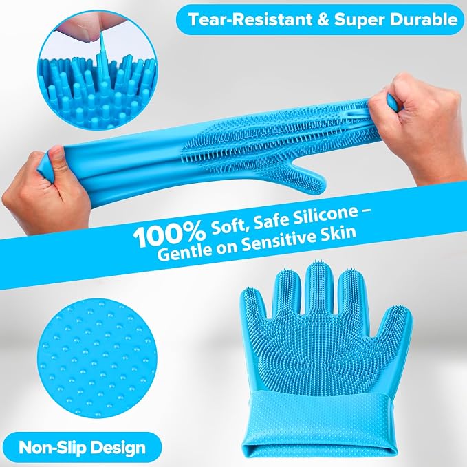 Augwind 6PCS Pet Grooming Kit for Dogs, Cats and Horses | Dog Washing Gloves | Cleanroom Gloves | Dog Bath Brush | Dog Bath Gloves | Dog Shampoo Brush | Dog Bath Supplies (Light Blue)