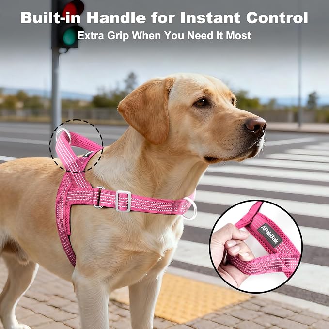 No Pull Dog Harness with Handle, Adjustable Soft Mesh Padded Reflective Walking Harness with Front Clip for Small Medium Large Dogs – Quick Fit No Escape for Training and Hiking (Pink, L)