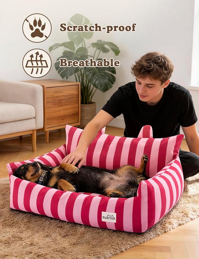 Cat Couch, Reversible Pet Bed for Indoor Cats – 2-Sided Cat Sofa with Oxford Fabric and Plush Fleece, Washable Small Dog Couch for Puppies and Senior Pets, Non-Slip Bottom, 28 inch, Pink Red