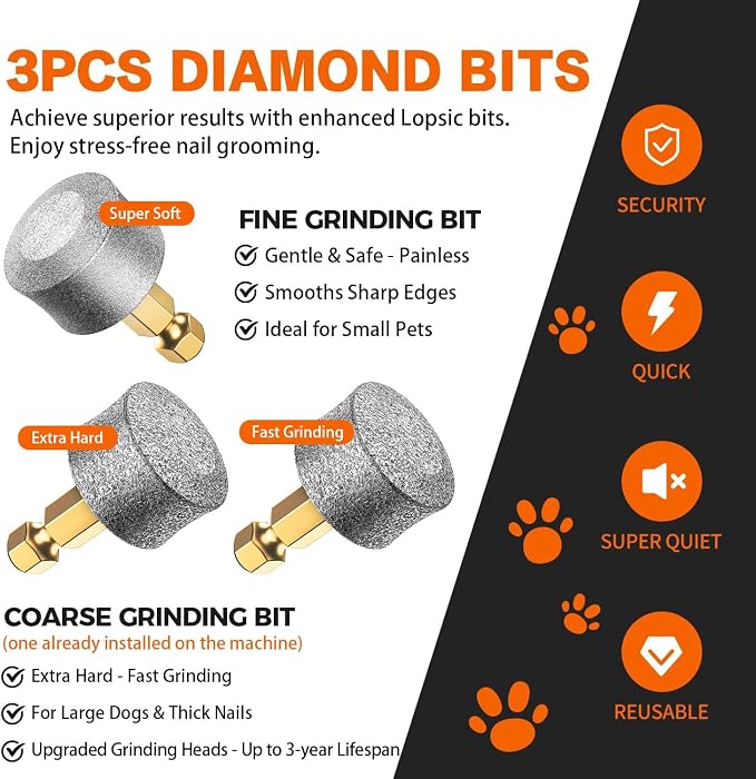 Whisper Quiet Dog Nail Grinder with 4 LED Lights, Safe & Stress-Free for Sensitive Dogs Cats of All Breeds & Sizes, 3 Grinding Bits, 3-Speed, Pet Nail Trimmers, Rechargeable Painless Grooming Kit