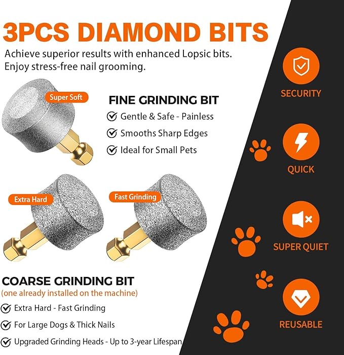 Whisper Quiet Dog Nail Grinder with 4 LED Lights, Safe & Stress-Free for Sensitive Dogs of All Breeds & Sizes, 3 Grinding Bits, 3-Speed, Pet Nail Trimmers, Rechargeable Painless Grooming Kit Orange