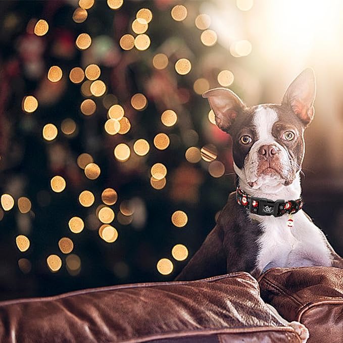 Elegant little tail Christmas Dog Collar, Santa Claus Print Pet Collar Cotton Soft Plastic Buckle Sturdy Puppy Collars Holiday Female or Male Adjustable Collar for Small Puppy