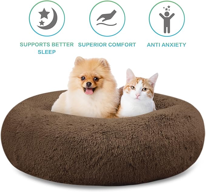 SAVFOX 30 inches Calming Donut Dog Bed - 3X Durable Plush Faux Fur, Machine Washable & Non-Slip, Fits up to 45 lbs, Brown