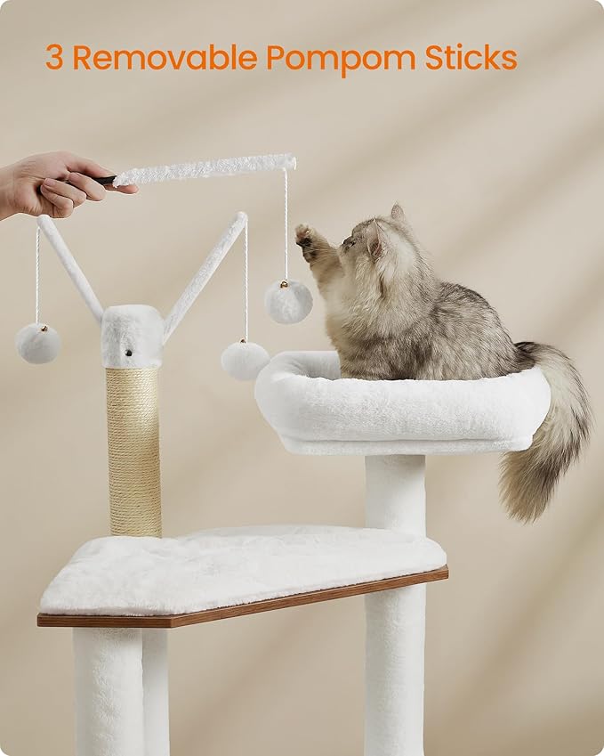Feandrea Cat Tree with Litter Box Enclosure, 59-Inch Modern Cat Tower, 2-in-1 Condo with Scratching Posts, Washable Removable Cushion, Rustic White and Honey Brown UPCT113W201
