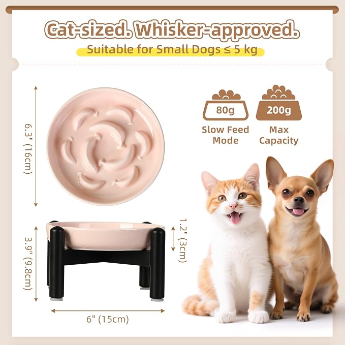 Elevated Slow Feeder Cat Bowl - Ceramic Cat Food Dish with Anti-Slip Stainless Steel Stand - Raised Maze Plate for Slow Eating - Light Pink